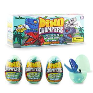 DINOBROS Surprise Eggs with Dinosaur Toys Inside, 4 Plastic Egg Toys Filled with Dino Chomper Keychains Birthday Party Favors for Boys and Girls