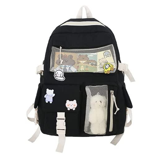 CM C&M WODRO Kawaii Backpack for Girls Women with Pin Bear Accessories Cute College High School Backpack Laptop Bookbag Black+White