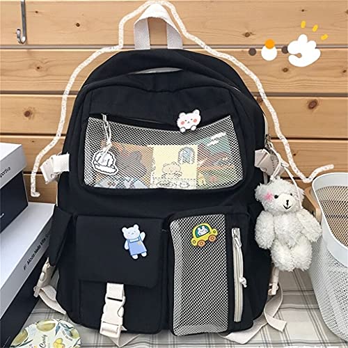 CM C&M WODRO Kawaii Backpack for Girls Women with Pin Bear Accessories Cute College High School Backpack Laptop Bookbag Black+White