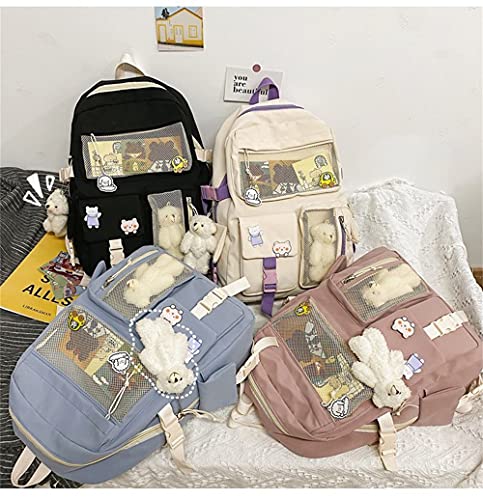 CM C&M WODRO Kawaii Backpack for Girls Women with Pin Bear Accessories Cute College High School Backpack Laptop Bookbag Black+White