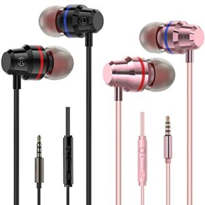 earbuds wired with microphone headphones ear buds,2 pack metal earphones mic with volume control bass noise isolating(rose black)