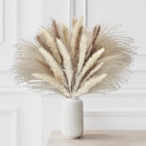natural dried pampas grass bouquet - 85 pcs with bunny tails, dried flowers, and pompas for boho home decor, wedding floral arrangements, rustic farmhouse party in white and brown
