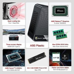 Beelink Mini-PC, AMD Ryzen 5 5560U(6C/12T up to 4GHz),16G DDR4 500GB PCIe3.0 SSD 6 Core 1600MHz Graphics Mini-Desktop-Computer, 4K@60Hz Triple Display, HDMI2.0+DP1.4+Type-C, WiFi 6, BT5.2, RJ45 LAN