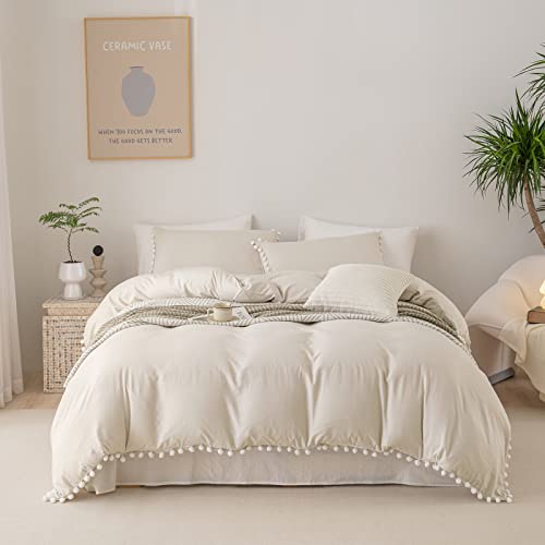 Bedbay Boho Comforter Queen Size Beige Comforter Set Ultra Soft Lightweight Queen Bed Comforter Set 3 Pcs Farmhouse Bedding for All Season(Beige,Queen)