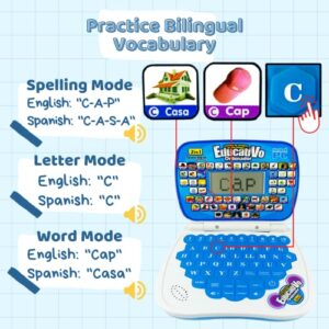 ZeenKind Bilingual Spanish English Learning Small Laptop Toy with Screen for Kids, Toddlers, Boys and Girls | Educational Computer to Learn Alphabet ABC, Numbers, Words, Spelling, Maths, Music.