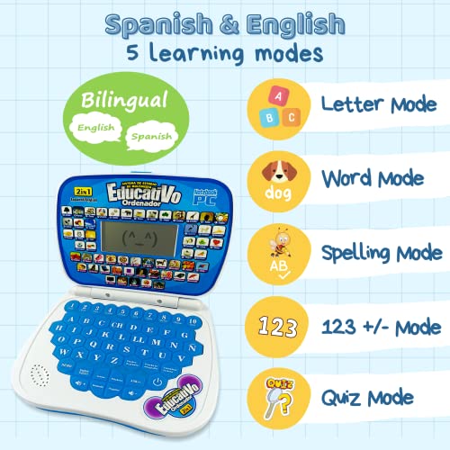 ZeenKind Bilingual Spanish English Learning Small Laptop Toy with Screen for Kids, Toddlers, Boys and Girls | Educational Computer to Learn Alphabet ABC, Numbers, Words, Spelling, Maths, Music.