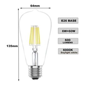 Vintage LED Light Bulbs,E26 Edison Filament,6W,60 Watts Equivalent,Daylight White 6000K,2 Packs