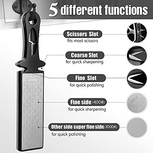 BNELL 5-In-1 Diamond Knife Sharpening Stone, Rod Double-Sided Sharpening Stone Honeycomb Surface Outdoor Kitchen Grinding Tool with Angle Guide(400/1000Girt)