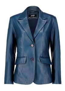 jild classic 2-button lambskin leather blazer women - casual coat long sleeves suit style leather jacket women (lc-blue-xl)