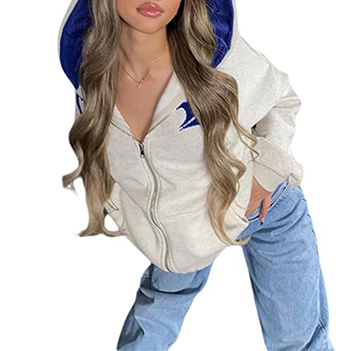 Womens Y2k Skeleton Zip Up Hoodies Rhinestone Graphic Oversized Pullovers Sweatshirt Goth jacket with Pockets(A-gray blue,L)