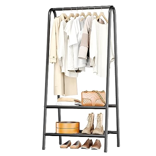 JOISCOPE Portable Metal Clothes Rack, Heavy Duty Sturdy Metal Clothing Coat Rail with Double Layer Shelf for Storing Clothes, Shoes, Suitable for Bedroom, Office, Living Room (Black)