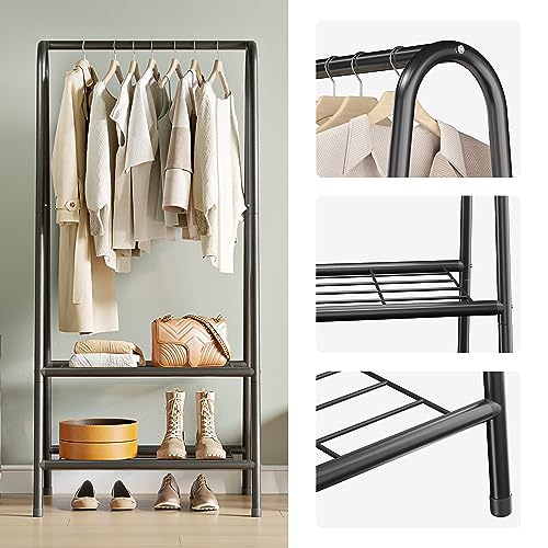 JOISCOPE Portable Metal Clothes Rack, Heavy Duty Sturdy Metal Clothing Coat Rail with Double Layer Shelf for Storing Clothes, Shoes, Suitable for Bedroom, Office, Living Room (Black)