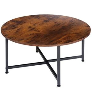 super deal round coffee tables w/ 32 inch rustic wooden surface top and sturdy metal legs industrial cocktail table for living room, rustic brown