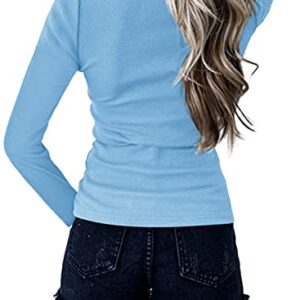 LAMISSCHE Womens Henley Shirts Long Sleeve Ribbed Casual V Neck Button Down Slim Solid Basic Knit Tunic Top Blouse(Sky Blue,L)
