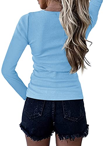 LAMISSCHE Womens Henley Shirts Long Sleeve Ribbed Casual V Neck Button Down Slim Solid Basic Knit Tunic Top Blouse(Sky Blue,L)