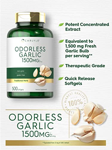 Carlyle Odorless Garlic Softgels 1500mg | 500 Pills | Non-GMO, Gluten Free Extract Supplement