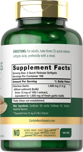 Carlyle Odorless Garlic Softgels 1500mg | 500 Pills | Non-GMO, Gluten Free Extract Supplement