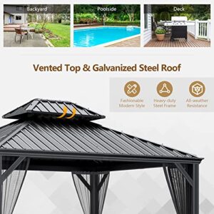 Tangkula 12ft x 10ft Hardtop Gazebo, 2-Tier Outdoor Gazebo w/Double Vented Roof & Central Hook, Galvanized Steel Frame Patio Sun Shelter for Lawn Backyard Poolside Deck (Grey)