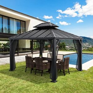 tangkula 12ft x 10ft hardtop gazebo, 2-tier outdoor gazebo w/double vented roof & central hook, galvanized steel frame patio sun shelter for lawn backyard poolside deck (grey)