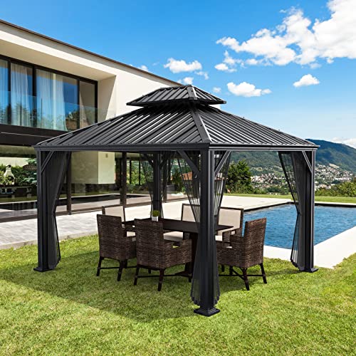 Tangkula 12ft x 10ft Hardtop Gazebo, 2-Tier Outdoor Gazebo w/Double Vented Roof & Central Hook, Galvanized Steel Frame Patio Sun Shelter for Lawn Backyard Poolside Deck (Grey)