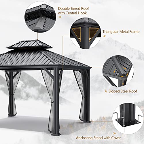 Tangkula 12ft x 10ft Hardtop Gazebo, 2-Tier Outdoor Gazebo w/Double Vented Roof & Central Hook, Galvanized Steel Frame Patio Sun Shelter for Lawn Backyard Poolside Deck (Grey)