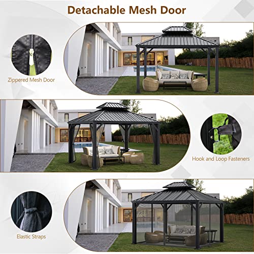 Tangkula 12ft x 10ft Hardtop Gazebo, 2-Tier Outdoor Gazebo w/Double Vented Roof & Central Hook, Galvanized Steel Frame Patio Sun Shelter for Lawn Backyard Poolside Deck (Grey)