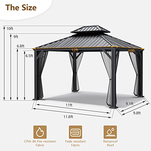 Tangkula 12ft x 10ft Hardtop Gazebo, 2-Tier Outdoor Gazebo w/Double Vented Roof & Central Hook, Galvanized Steel Frame Patio Sun Shelter for Lawn Backyard Poolside Deck (Grey)