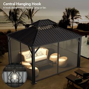 Tangkula 12ft x 10ft Hardtop Gazebo, 2-Tier Outdoor Gazebo w/Double Vented Roof & Central Hook, Galvanized Steel Frame Patio Sun Shelter for Lawn Backyard Poolside Deck (Grey)