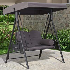 PURPLE LEAF Outdoor Patio Porch Swing with Stand, 2-seat Swing Chair with Adjustable Tilt Canopy All-Weather Steel Frame for Backyard Front Porch Lawn, Cushions and Pillow Included, Grey