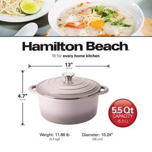 Hamilton Beach Enameled Cast Iron Dutch Oven 5.5-Quart Gray, Cream Enamel Dutch Oven Pot with Lid, Cast Iron Dutch Oven with Even Heat Distribution, Safe Up to 400 Degrees, Durable