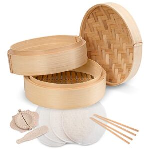 annie’s kitchen complete set handmade bamboo steamer baskets, lid dumpling maker with spoon, 4 reusable cotton liners, 2 sets chopsticks- for rice, vegetables, fish, meat, desserts (8 inch- 2 tiers)