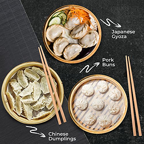 Annie’s Kitchen Complete Set Handmade Bamboo Steamer Baskets, Lid Dumpling Maker with Spoon, 4 Reusable Cotton Liners, 2 sets Chopsticks- For Rice, Vegetables, Fish, Meat, Desserts (8 Inch- 2 Tiers)