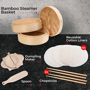 Annie’s Kitchen Complete Set Handmade Bamboo Steamer Baskets, Lid Dumpling Maker with Spoon, 4 Reusable Cotton Liners, 2 sets Chopsticks- For Rice, Vegetables, Fish, Meat, Desserts (8 Inch- 2 Tiers)