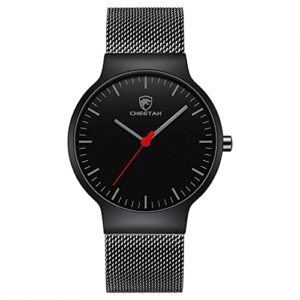 golden hour men’s watches fashion minimalist thin 38 mm quartz analog waterproof watch with black stainless steel mesh band red-hand