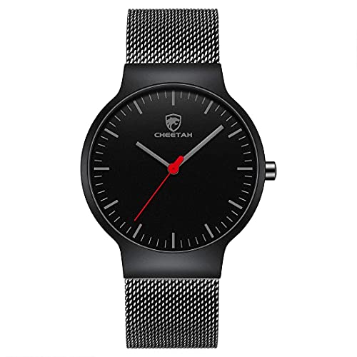 GOLDEN HOUR Men’s Watches Fashion Minimalist Thin 38 mm Quartz Analog Waterproof Watch with Black Stainless Steel Mesh Band Red-Hand