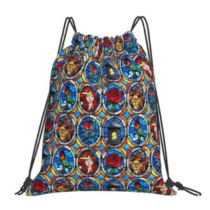 bihoa beauty and beast fairytale glass drawstring backpack for men kids string bag sackpack water resistant women hiking yoga travel beach