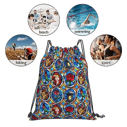 Bihoa Beauty and Beast Fairytale Glass Drawstring Backpack for Men Kids String Bag Sackpack Water Resistant Women Hiking Yoga Travel Beach