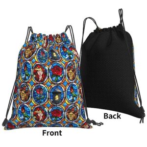 Bihoa Beauty and Beast Fairytale Glass Drawstring Backpack for Men Kids String Bag Sackpack Water Resistant Women Hiking Yoga Travel Beach