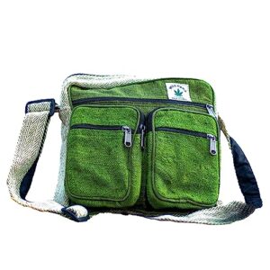 fwosi hemp crossbody messenger bag - unisex school tote for men & women - lightweight, bohemian shoulder sling bags - 4 compartments, zipper closure, adjustable strap - handmade in nepal - green