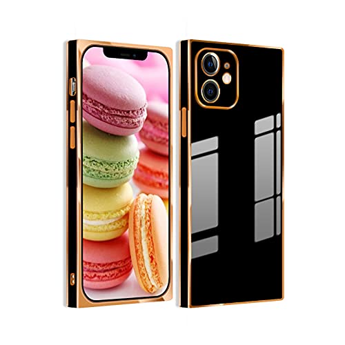 Omorro Square Case Compatible with iPhone 13 Pro Case for Women Girls Cute Candy Bright Luxury Gold Glitter Plating Edge Soft Slim TPU Gel Camera Lens Protective Girly Square Cover Case Black