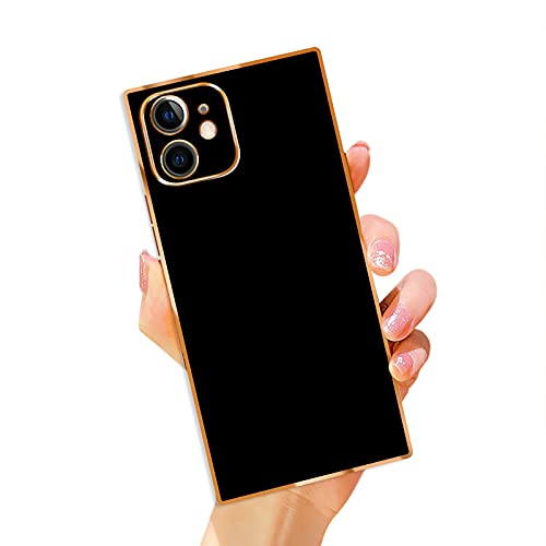 Omorro Square Case Compatible with iPhone 13 Pro Case for Women Girls Cute Candy Bright Luxury Gold Glitter Plating Edge Soft Slim TPU Gel Camera Lens Protective Girly Square Cover Case Black