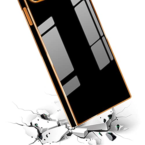 Omorro Square Case Compatible with iPhone 13 Pro Case for Women Girls Cute Candy Bright Luxury Gold Glitter Plating Edge Soft Slim TPU Gel Camera Lens Protective Girly Square Cover Case Black