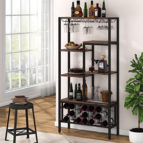 Tribesigns Wine Rack Freestanding Floor,Vintage Tall Wine Bar Cabinet with Storage,Wooden Alcohol Shelf with Bottle Holder,Brown