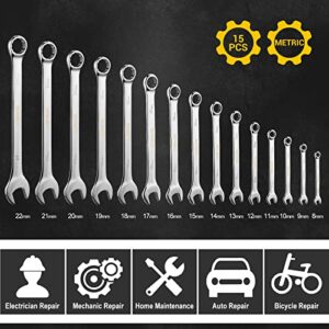 DEKOPRO Combination Wrench Set, Metric, 15-piece, 8-22mm, 12-Point, Chrome Vanadium Steel, with Plastic Tray