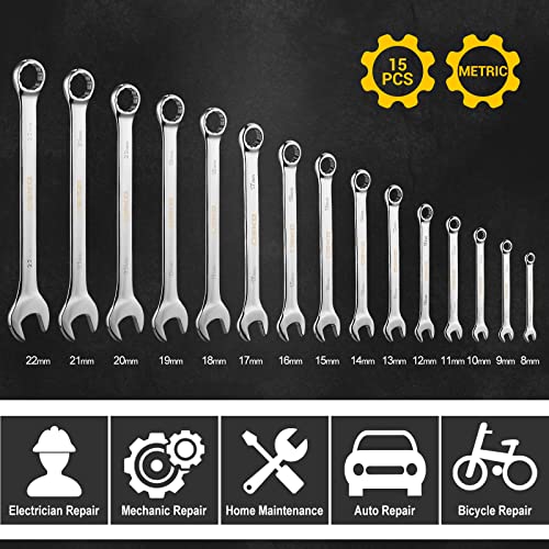 DEKOPRO Combination Wrench Set, Metric, 15-piece, 8-22mm, 12-Point, Chrome Vanadium Steel, with Plastic Tray