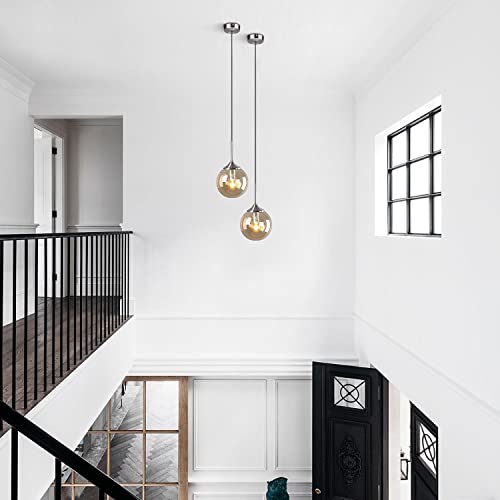 KCO Lighting Modern Glass Globe Pendant Light Nordic Brushed Nickel Pendant Lights Single Glass Ball Chandelier Adjustable Hanging Light Fixtures Kitchen Pendant Lighting Over Island (Amber)