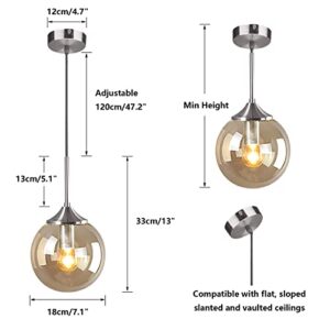 KCO Lighting Modern Glass Globe Pendant Light Nordic Brushed Nickel Pendant Lights Single Glass Ball Chandelier Adjustable Hanging Light Fixtures Kitchen Pendant Lighting Over Island (Amber)