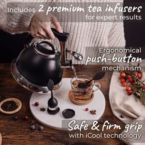 Whistling Tea Kettle with iCool - Handle, Surgical Stainless Steel Teapot for Stovetop, 2 FREE Infusers Included, 3 Quart by Pykal