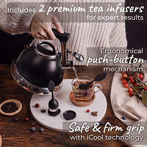 Whistling Tea Kettle with iCool - Handle, Surgical Stainless Steel Teapot for Stovetop, 2 FREE Infusers Included, 3 Quart by Pykal