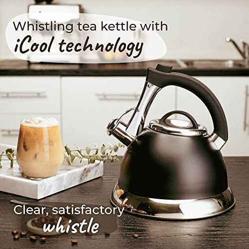 Whistling Tea Kettle with iCool - Handle, Surgical Stainless Steel Teapot for Stovetop, 2 FREE Infusers Included, 3 Quart by Pykal